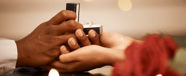 A zoomed picture of a newly engaged couple with engagement ring